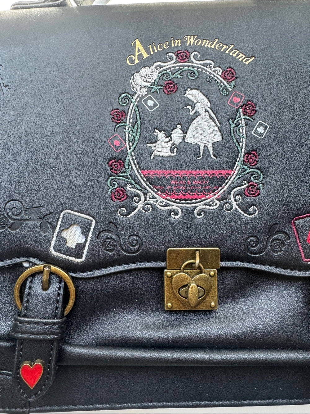 Alice in Wonderland Black Embroidered Satchel and backpack NWOT - Picture 2 of 7